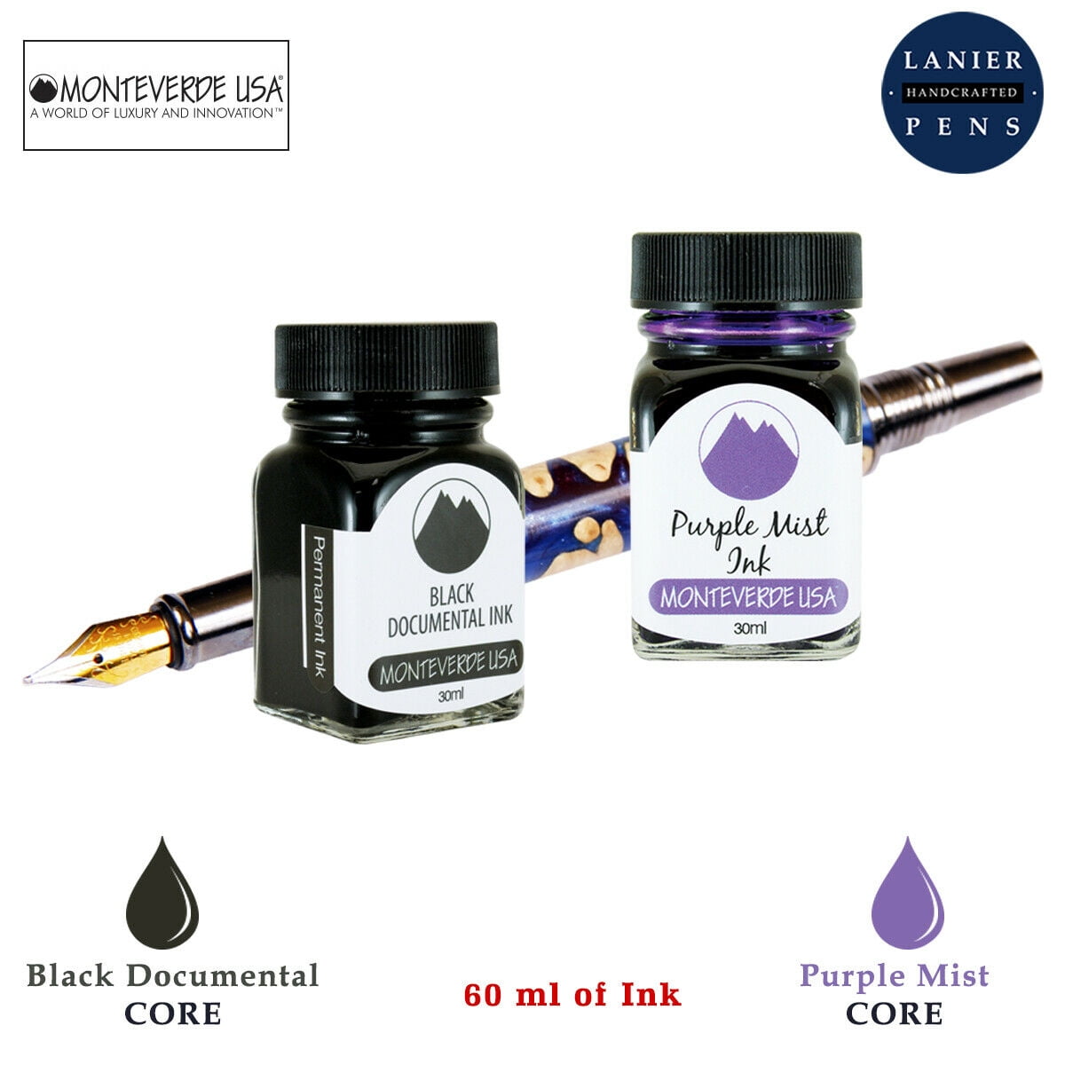 Monteverde 60ml Core Fountain Pen Ink Bottle (30ml Black Documental Ink Bottle G309DB, 30ml Purple Mist Ink Bottle G309PM)