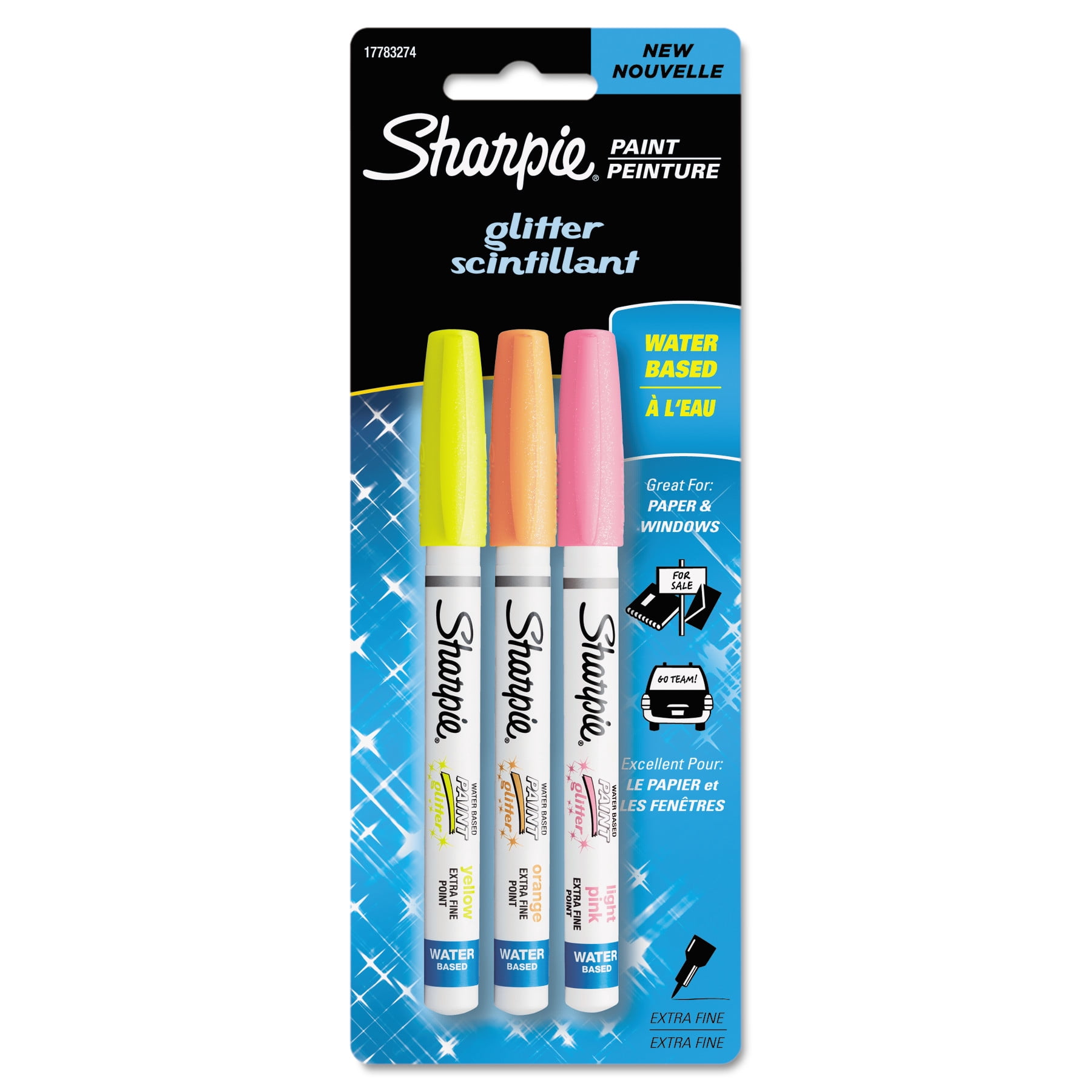Sharpie WaterBased Glitter Paint Markers, Extra Fine, Assorted, 3/Pack