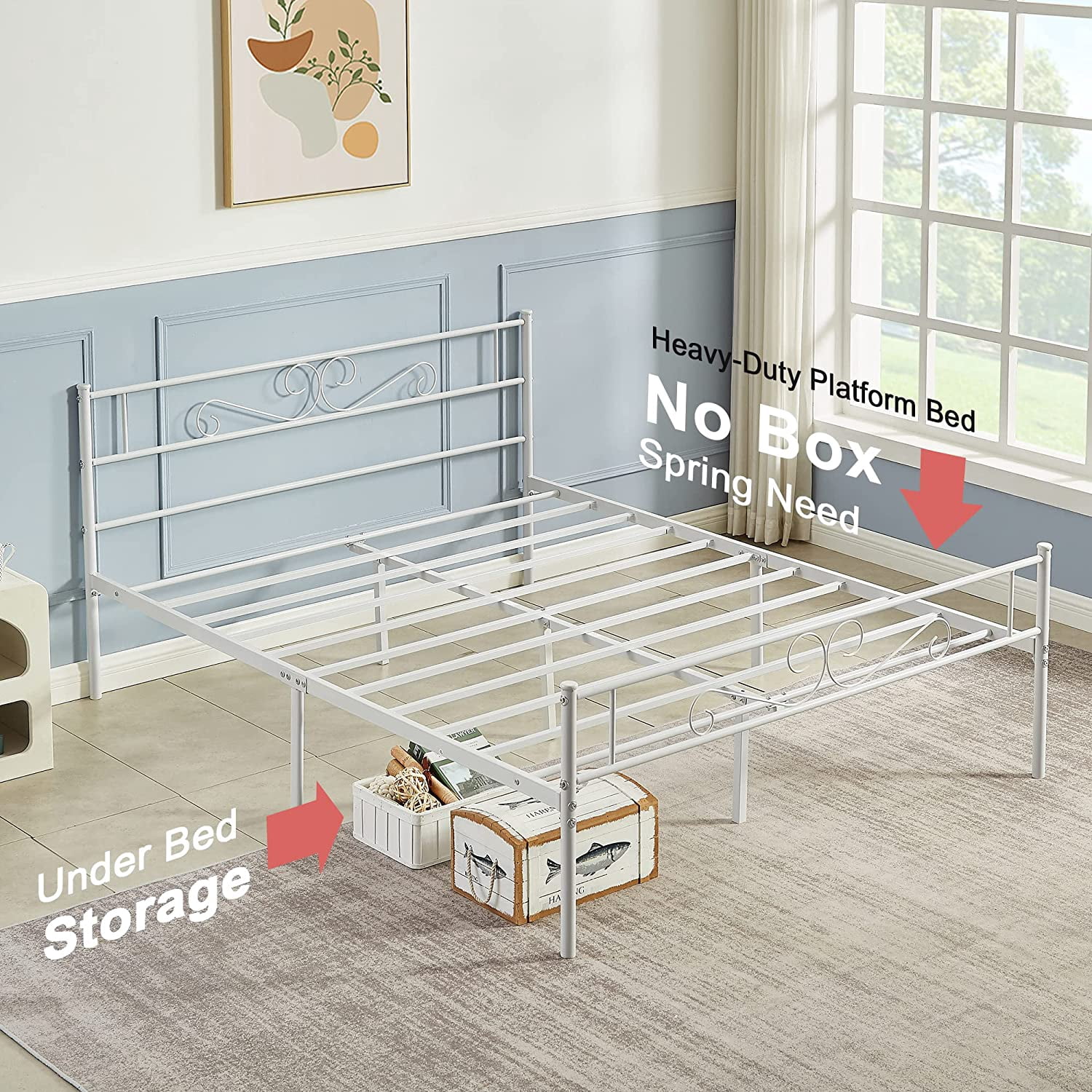 VECELO Full Size Bed Frame with Headboard, Metal Platform Bed Frame/Mattress Foundation, No Box Spring Needed, Easy Assembly, White