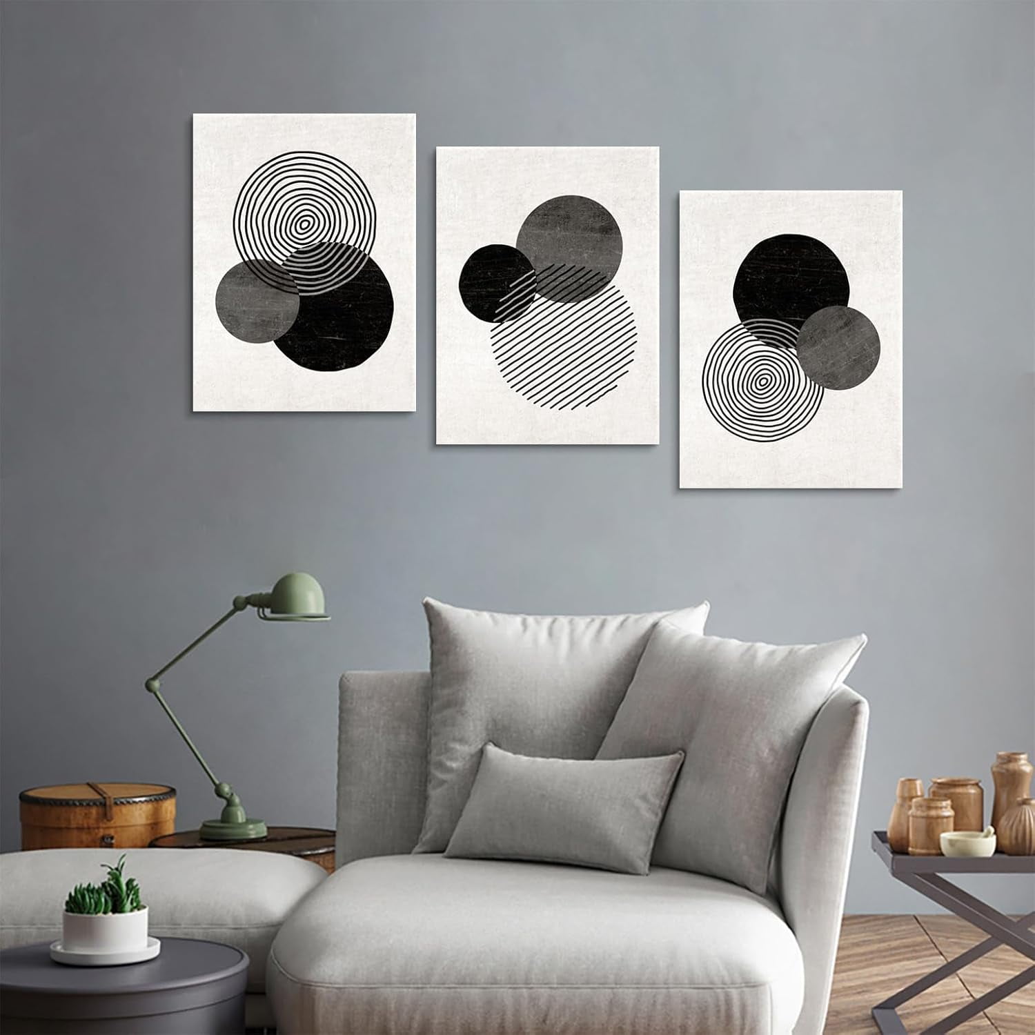 Black and White Wall Art Canvas Set Mid Century Boho Pictures Modern Geometric Lines Rounds Wall Decor Minimalist Bohemian Abstract Painting Artwork for Living Room Bedroom Office 12"x16"x3Pc