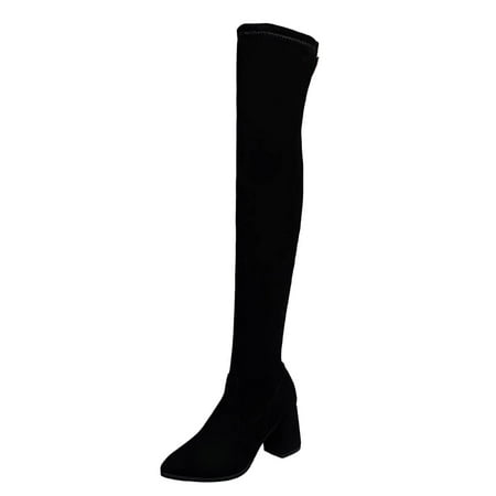 

nsendm High Heel Suede Boots Womens Shoes Fashion Stretch Solid Color Round Toe Heel Knee High Boots for Women Black 7