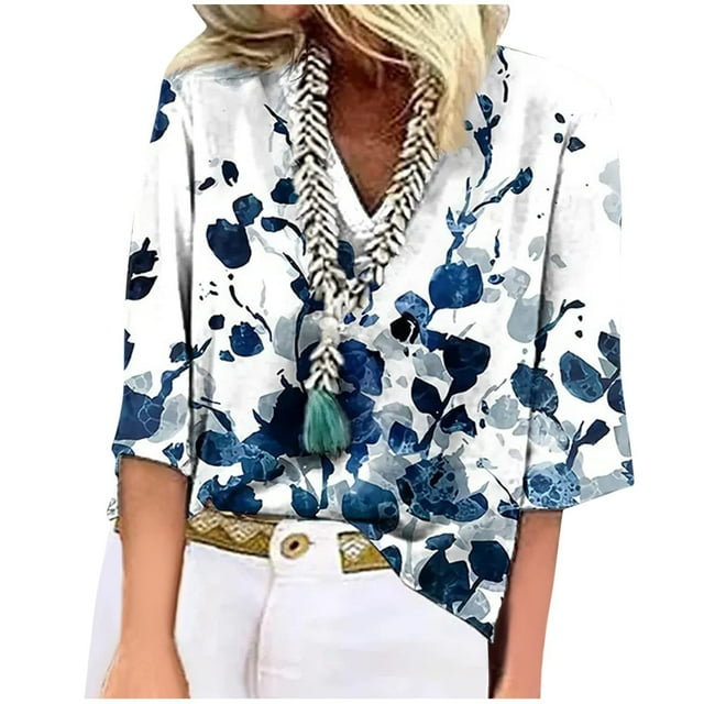 ICHUANYI Liquidación Camiseta holgada estampada a la moda para mujer Blusa con mangas 3/4 Blusa con cuello en V Tops casuales ICHUANYI WER202308230921