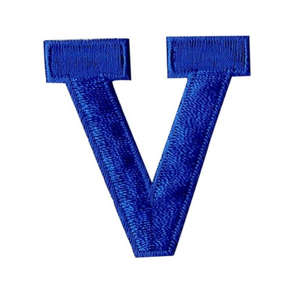 Alphabet Letter - V - Color Royal Blue - 2" Block Style - Iron On Embroidered Applique Patch