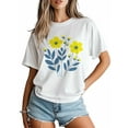 thumbnail image 2 of Women's T-Shirt Simple Cartoon Yellow Blue Flowers Short Sleeve Casual Tee Classic Crew Neck T Shirt for Women White, 2XL, 2 of 7