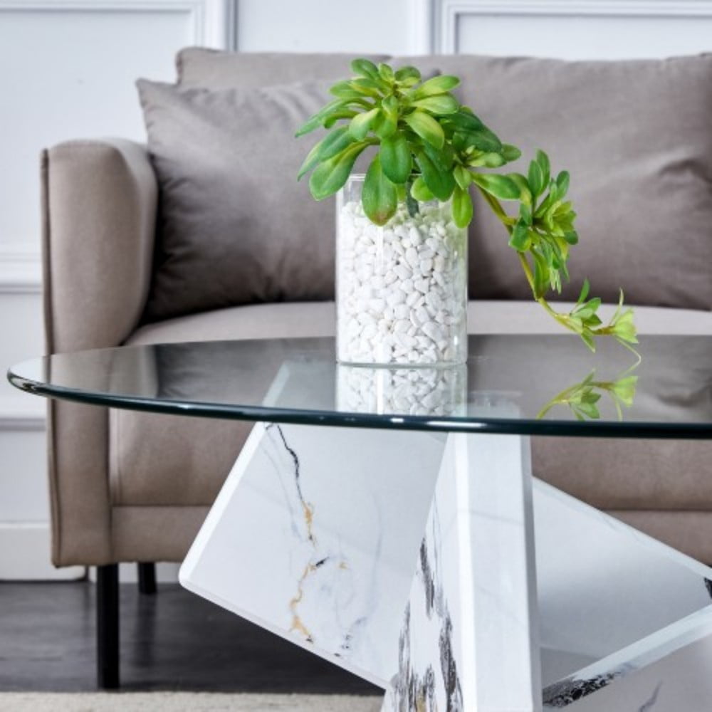 33" Round Glass Coffee Table, Modern Circular Tea Table with Tempered Glass Top and Wood-Look MDF Legs for Living Room, White