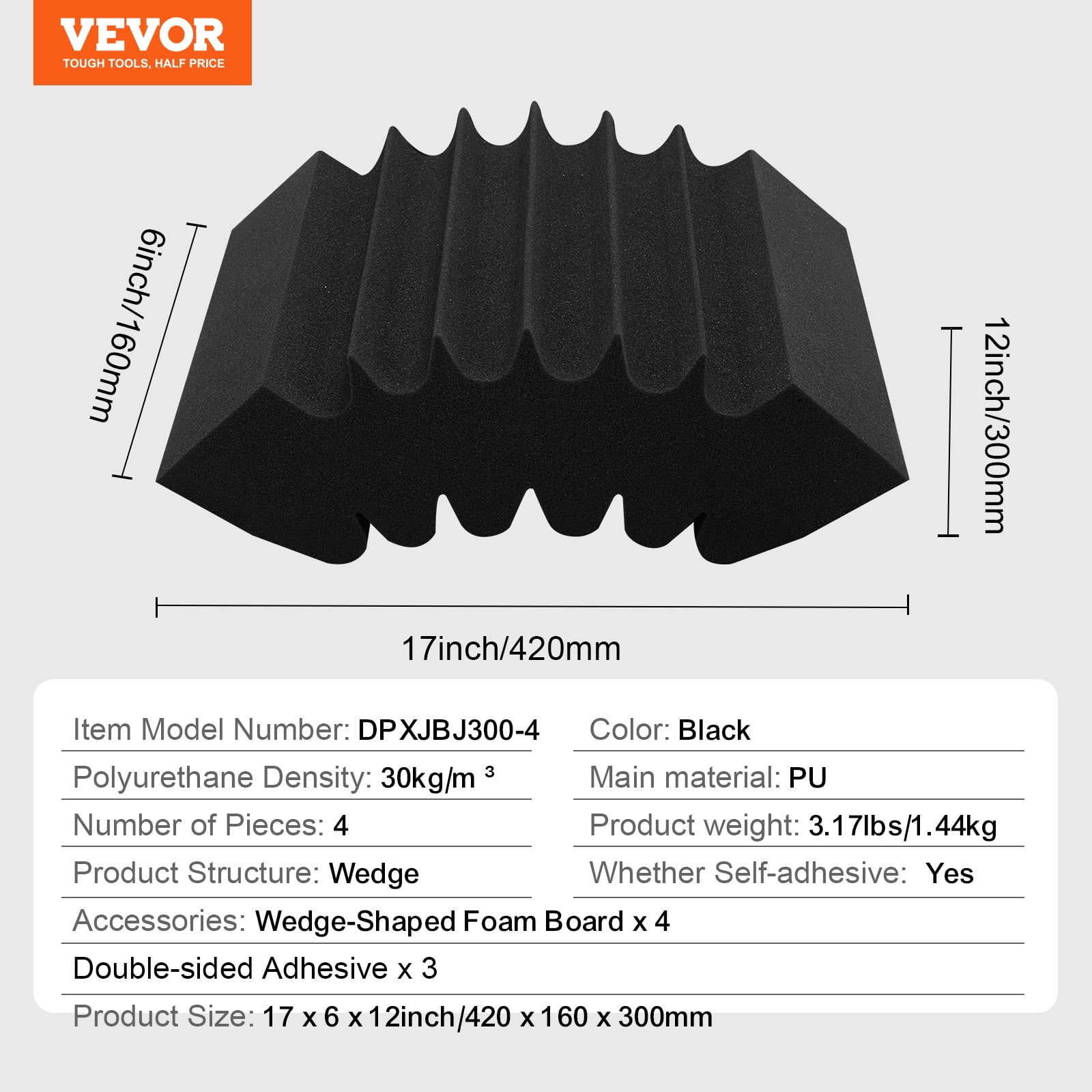 VEVOR Acoustic Foam Panels,4 Pack 16.5 x 6.3 x 12 inches,Adhesive High Density Soundproof Wall Panels,Sound Dampening Absorbing Panel for Studio Wall and Ceiling,Black