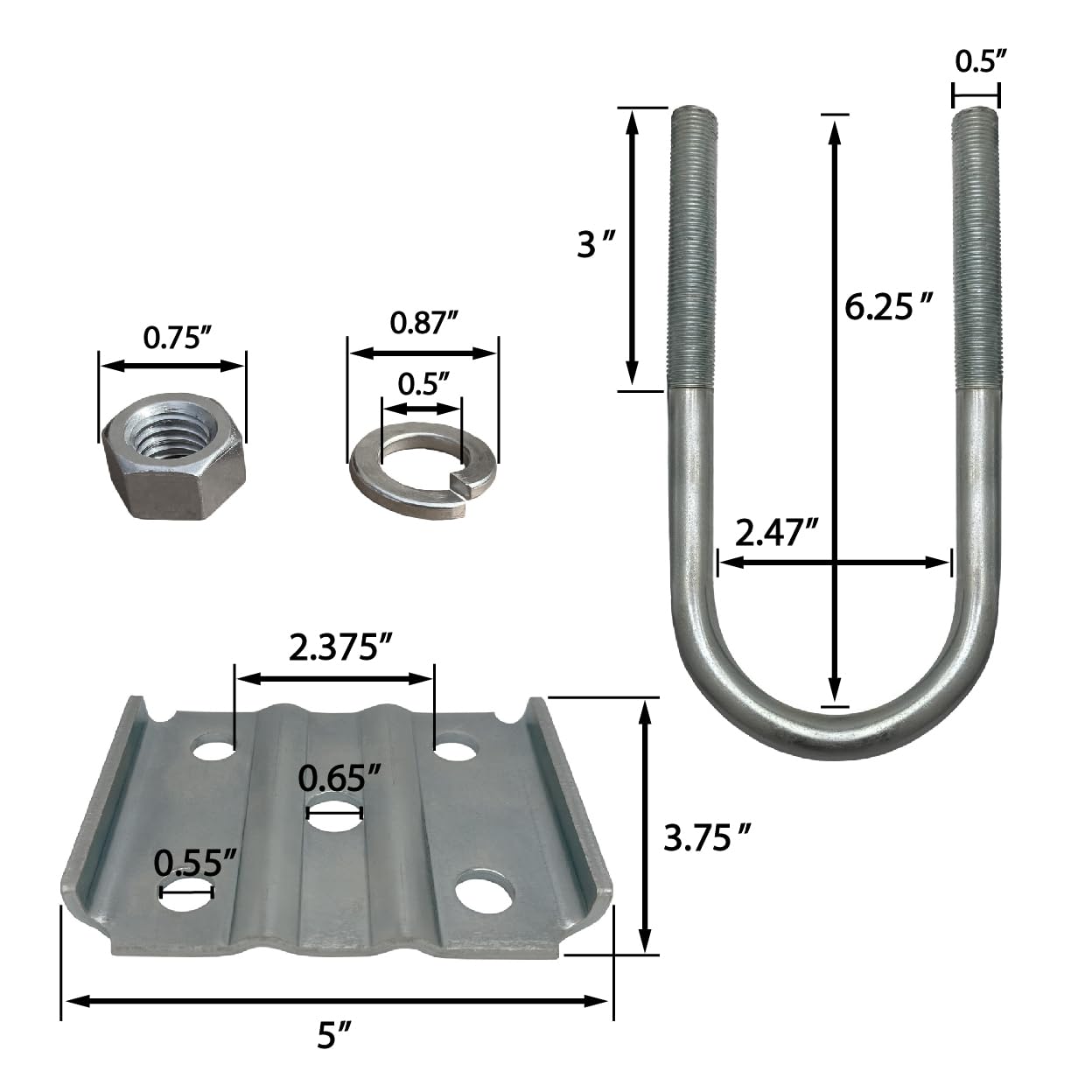 Round U Bolt & Plate Kit for Trailer Axle, Galvanized Zinc, 2-3/8"W x 6-1/4"L - Single Axle