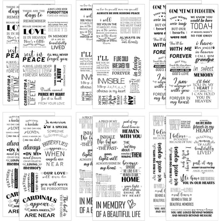 12 Pcs Memories Quotes Stickers Clear and Black PVC Loving Memory Stickers Inspirational Family Sympathy Adhesive Word Decals for Scrapbooking Funeral Board Commemoration, 6 Styles