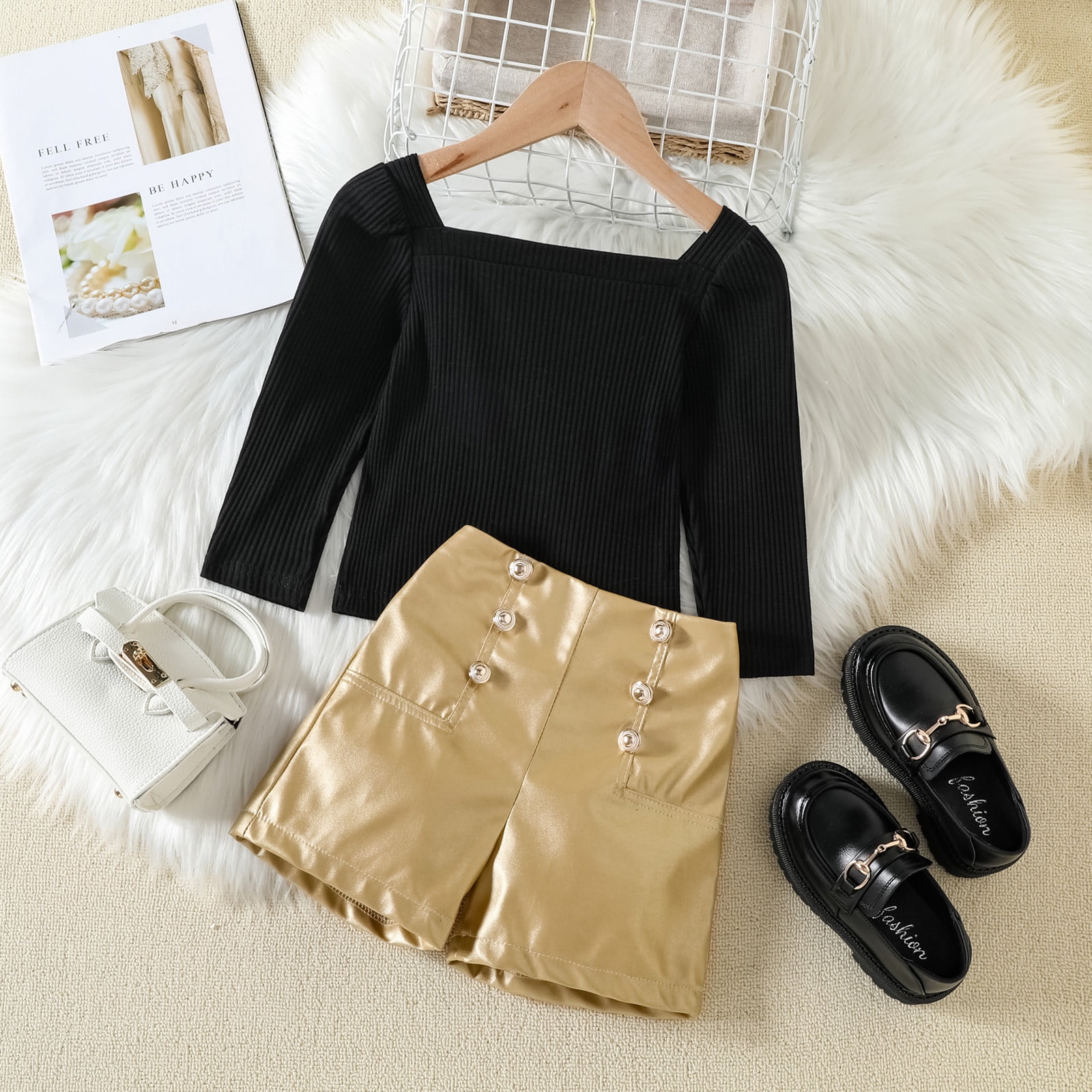 2pcs Toddler Girl Ribbed Long-sleeve White Crop Tee and Plaid Flared Pants Set