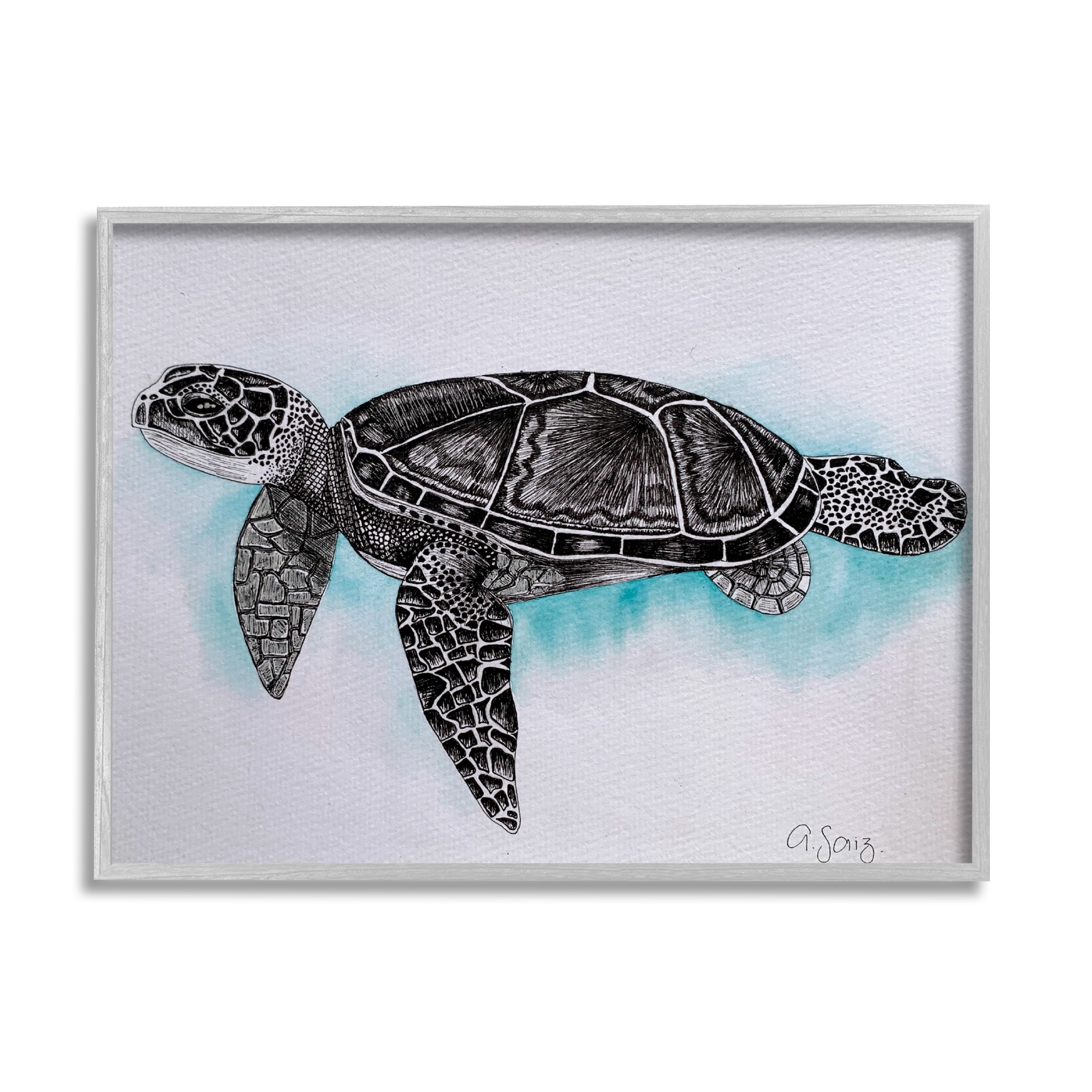 Stupell Industries Monochrome Sea Turtle Marine Life Watercolor Pattern Framed Wall Art, 20 x 16, Design by Ale Saiz Studio