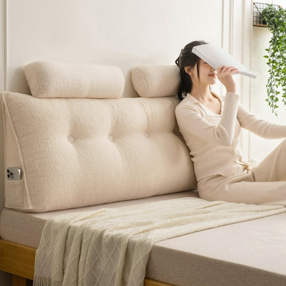 Lovote Triangular Headboard Pillow Teddy Velvet Removable Cover Neck Support Roll Side Pockets King