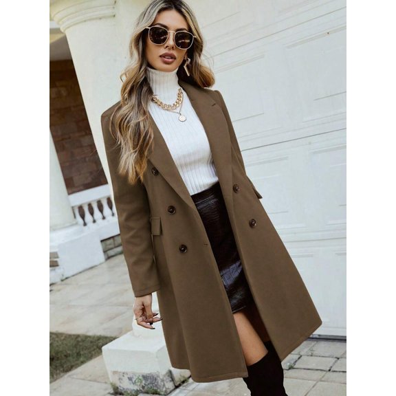 Womens Brown Double Breasted Lapel Collar Long Overcoat Fall Winter Coat