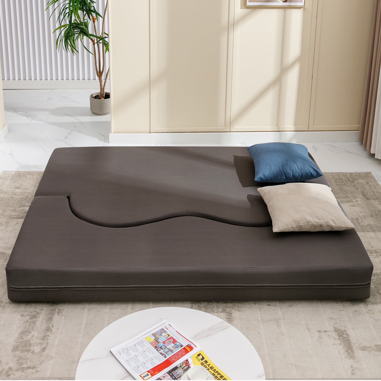 ZAFLY Queen Size Convertible Futon Sofa Bed, Floor Sofa Bed Foldable, Foam Folding Mattress Sleeper, Floor Couch Lounge Sleeper Bed for Living Room/Bedroom, Dark Grey