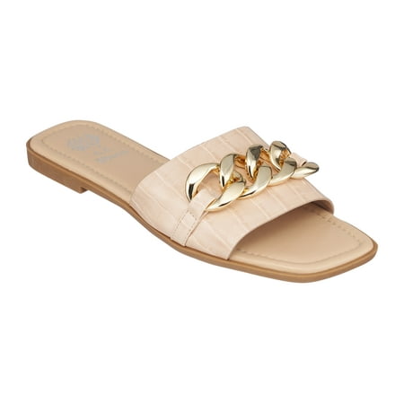 

GC Shoes Womens Flat Faux Leather Fashion Sandals Slip On Summer Slides Crocodile Chain Band Sandal Flats Rina/Nude/6