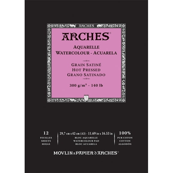Arches Aquarelle Hot Pressed Watercolor Pad 11.69"X16.53"- 140lb, 12 Sheets