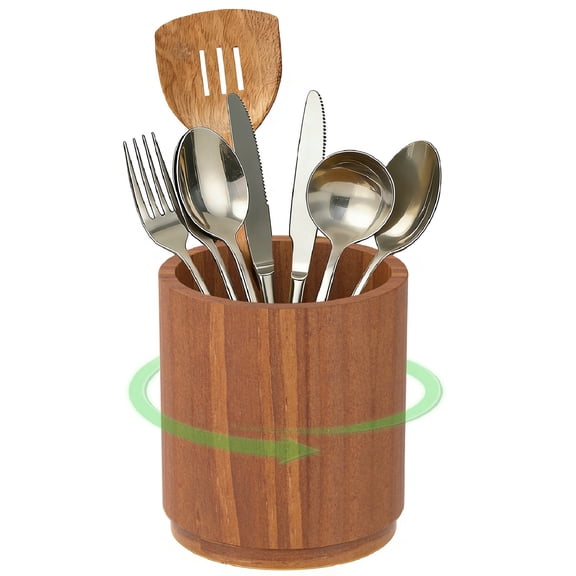 Tzdxfgl 360° Rotating Wooden Kitchen Utensil Holder, 6.5'' Large Countertop Silverware Organizer, Brown