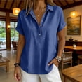 thumbnail image 2 of Linen Tops for Women Summer Gauze Shirts Button Down Short Sleeve V Neck Blouses Dressy Casual Tunic Clothes Dark Blue XXL, 2 of 8