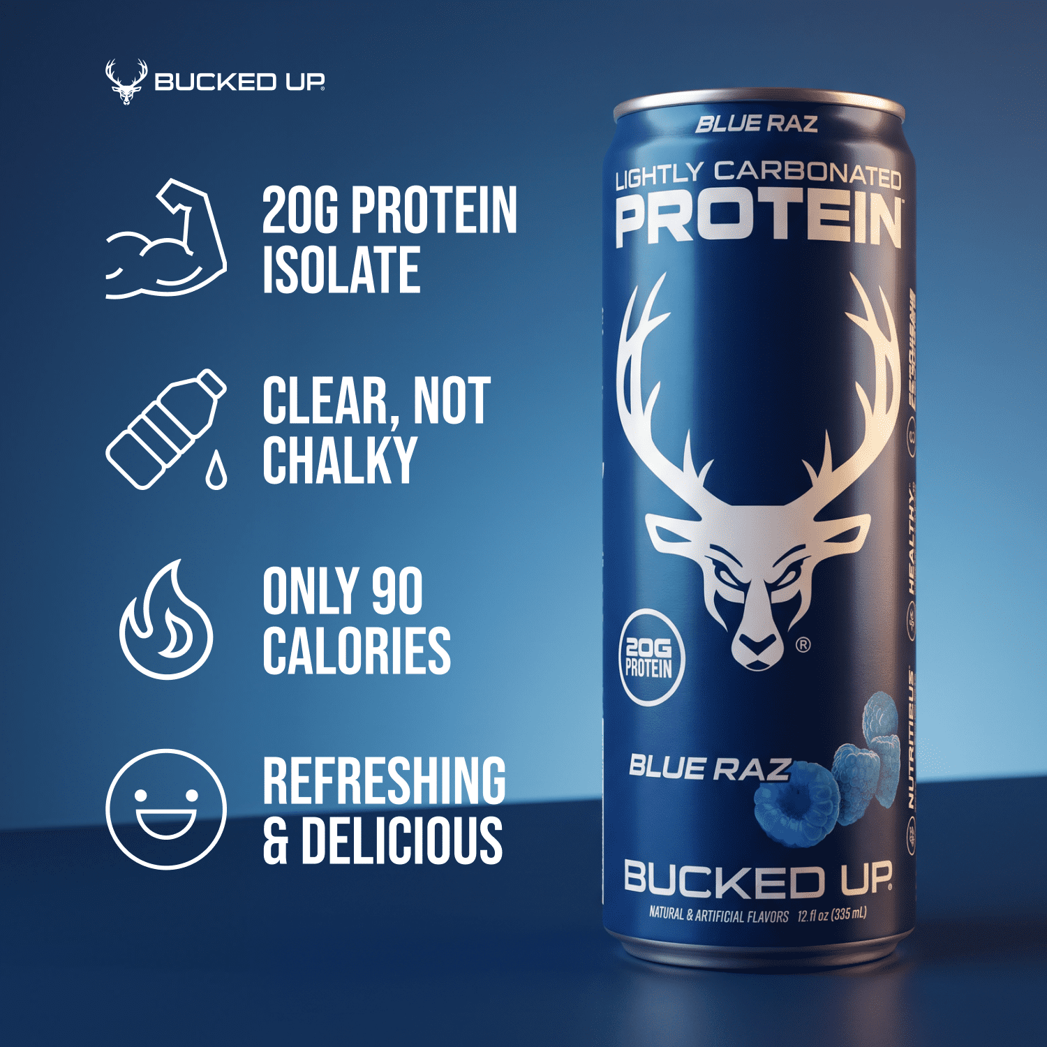 Bucked Up Lightly Carbonated Blue Raz Protein 12 fl oz 4 Pack