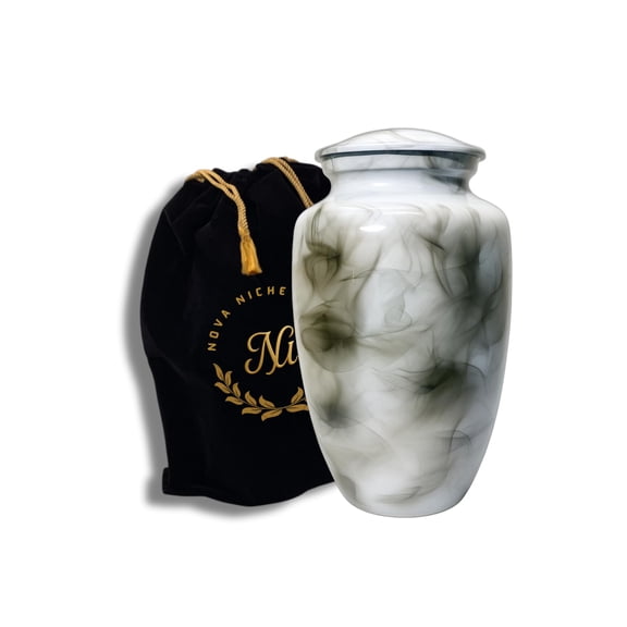Nova Niche Aluminum Cremation Urn for Human Ashes Adult – Large Funeral Memorial Urn White & Black Swirl with Velvet Bag (200 lbs)