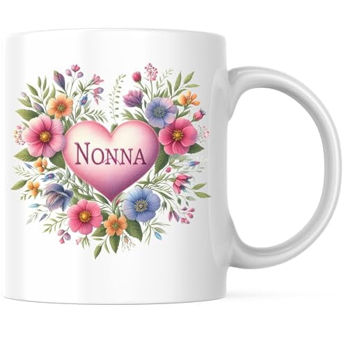 Bliss Monkey Co. Nonna Coffee Mug - Floral Heart 11 Ounce Ceramic Mug - Mother's Day Grandma Gift - Lovely Floral Design Cup - Premium Ceramic - Design Printed On Both Sides - BMCM02891