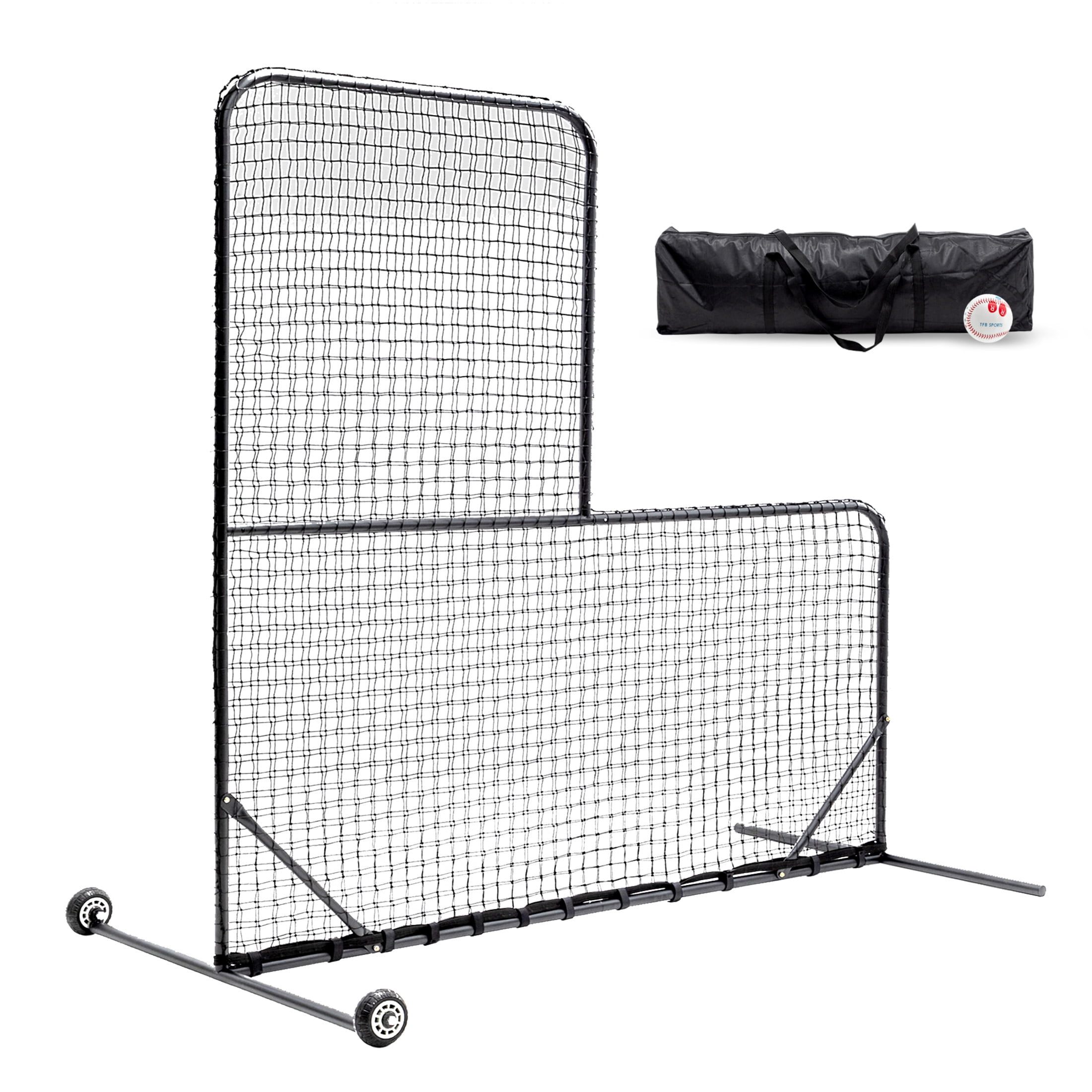 Noble House 84" L-Shaped Baseball Pitching Net with Wheels and Carry Bag, Heavy-Duty Training Screen, Black