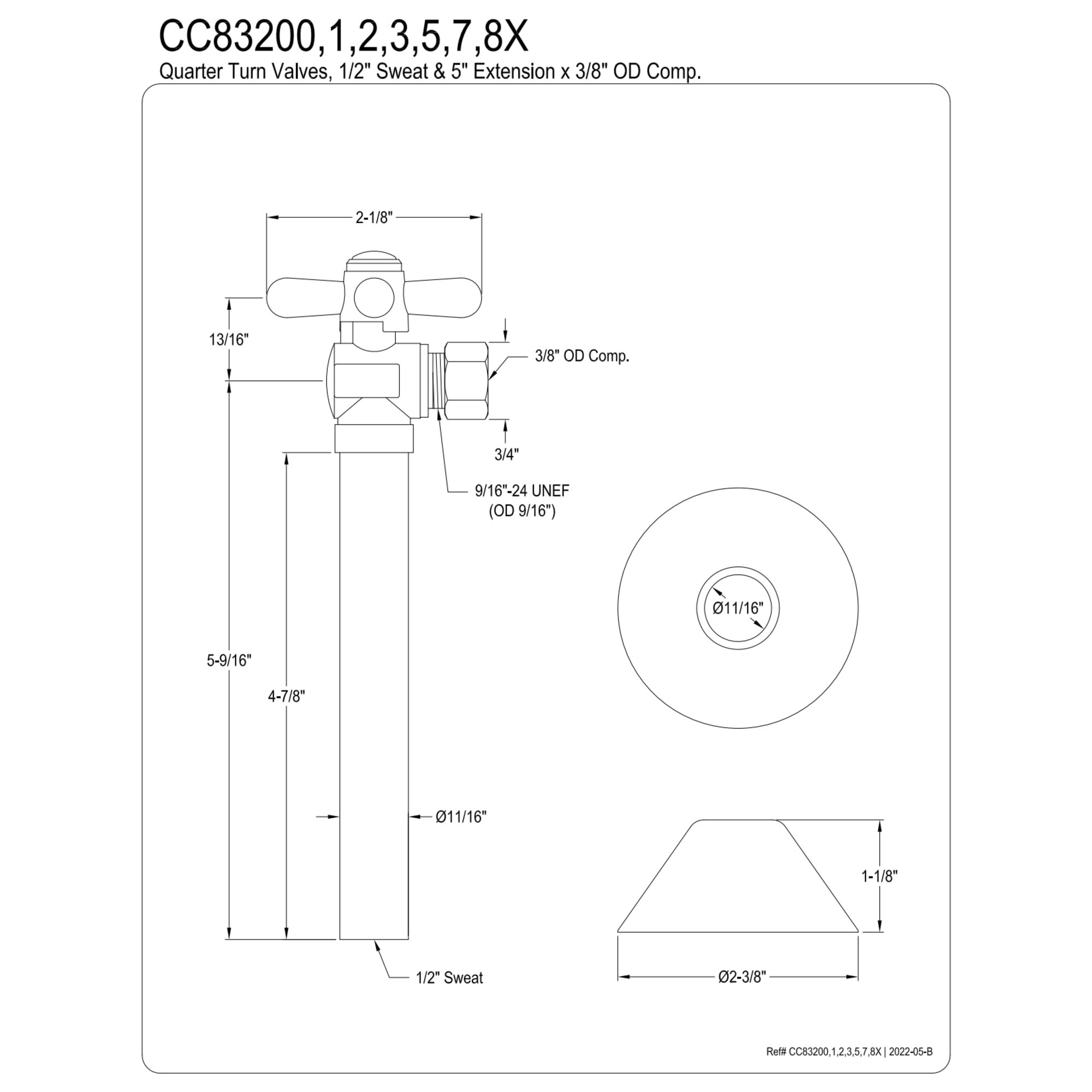 Kingston Brass CC83200X 1/2-Inch Sweat x 3/8-Inch O.D. Comp Angle Shut-Off Valve with 5-Inch Extension in Matte Black