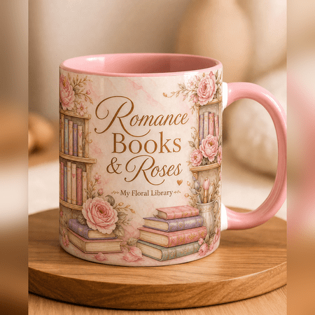 Coffee Mug Floral Bookshelf Romance Books for Cozy Reading Book Lovers
