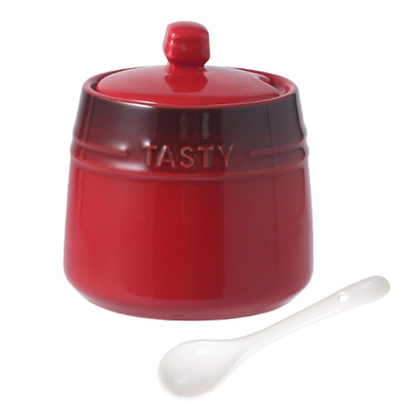 Sugar Porcelain Pot With Lid, Solid Sugar Bowl With Lid Spoon, Spice Jar Decoration Storage-Red