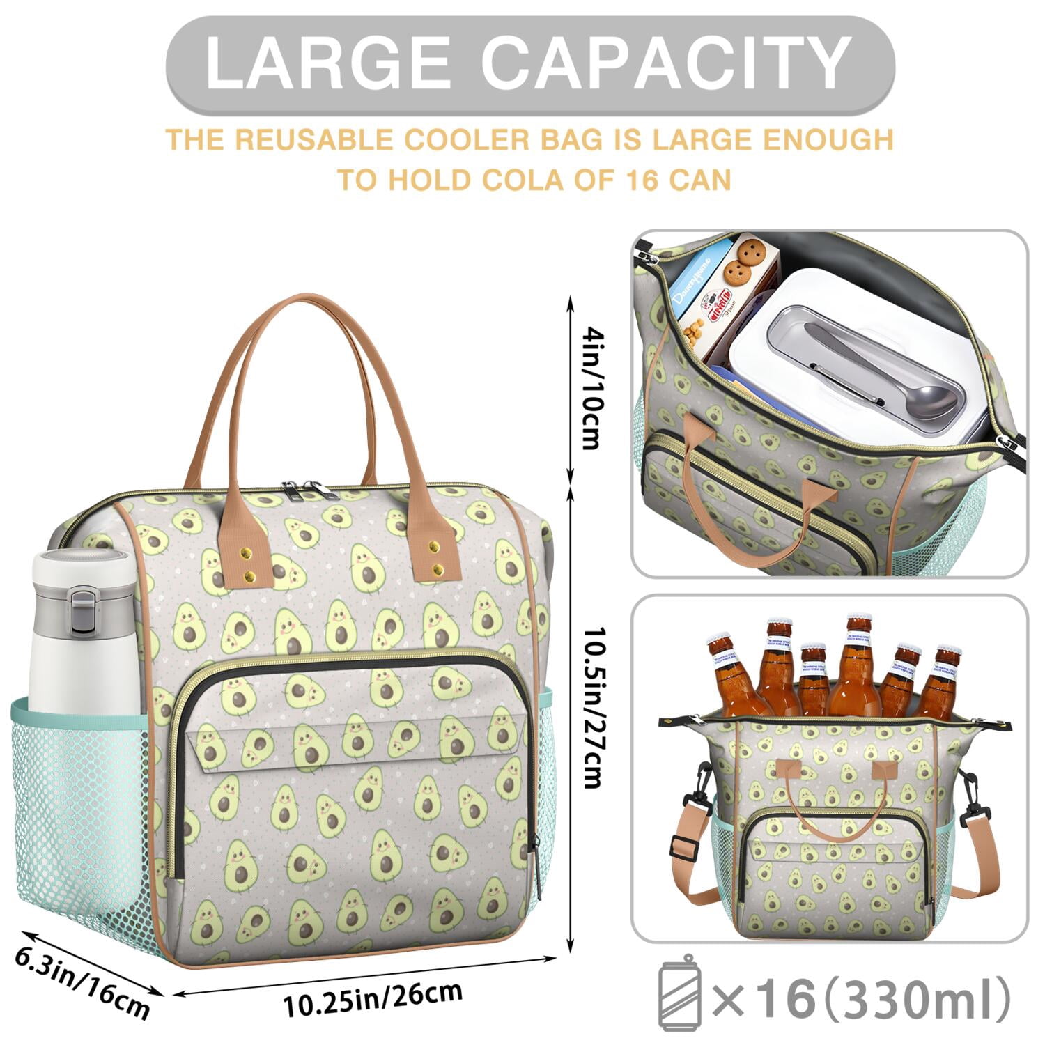 Large Insulated Tote Bag - Avocado Print Leakproof Cooler Bag for Office & Outdoor, Multi-Pocket Waterproof Thermal Lunch Tote for Men Women, Cute Kawaii Design