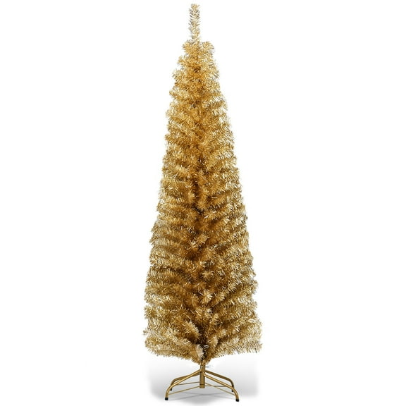 Costway 6FT Tinsel Tree Slim Pencil Christmas Tree Champagne Gold