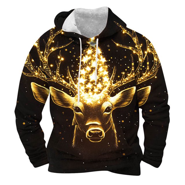 Sudadera con capucha para hombre, moda, bolsillos, manga larga, estampado navideño, sudadera con capucha, blusa de poliéster para hombre