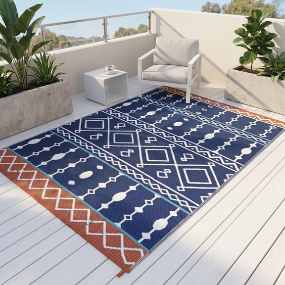 8x10ft Bohemian Reversible PP Outdoor Rug, Standard Size, Blue Red Multi, Patio RV Camping, Includes Stakes & Carry Bag
