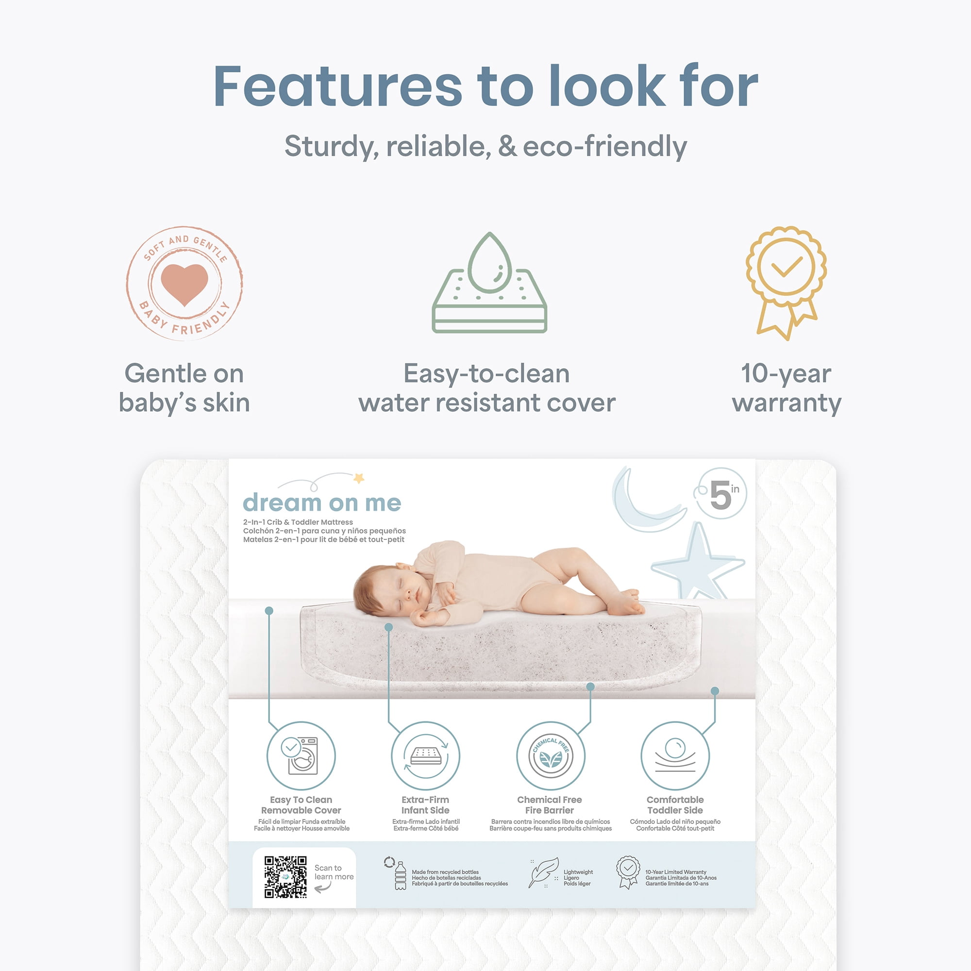 Dream On Me Baby Swan 5" Premium Full-Size Crib & Toddler Mattress, GREENGUARD Gold & BSA Certified, Water-Resistant, Machine Washable Cover