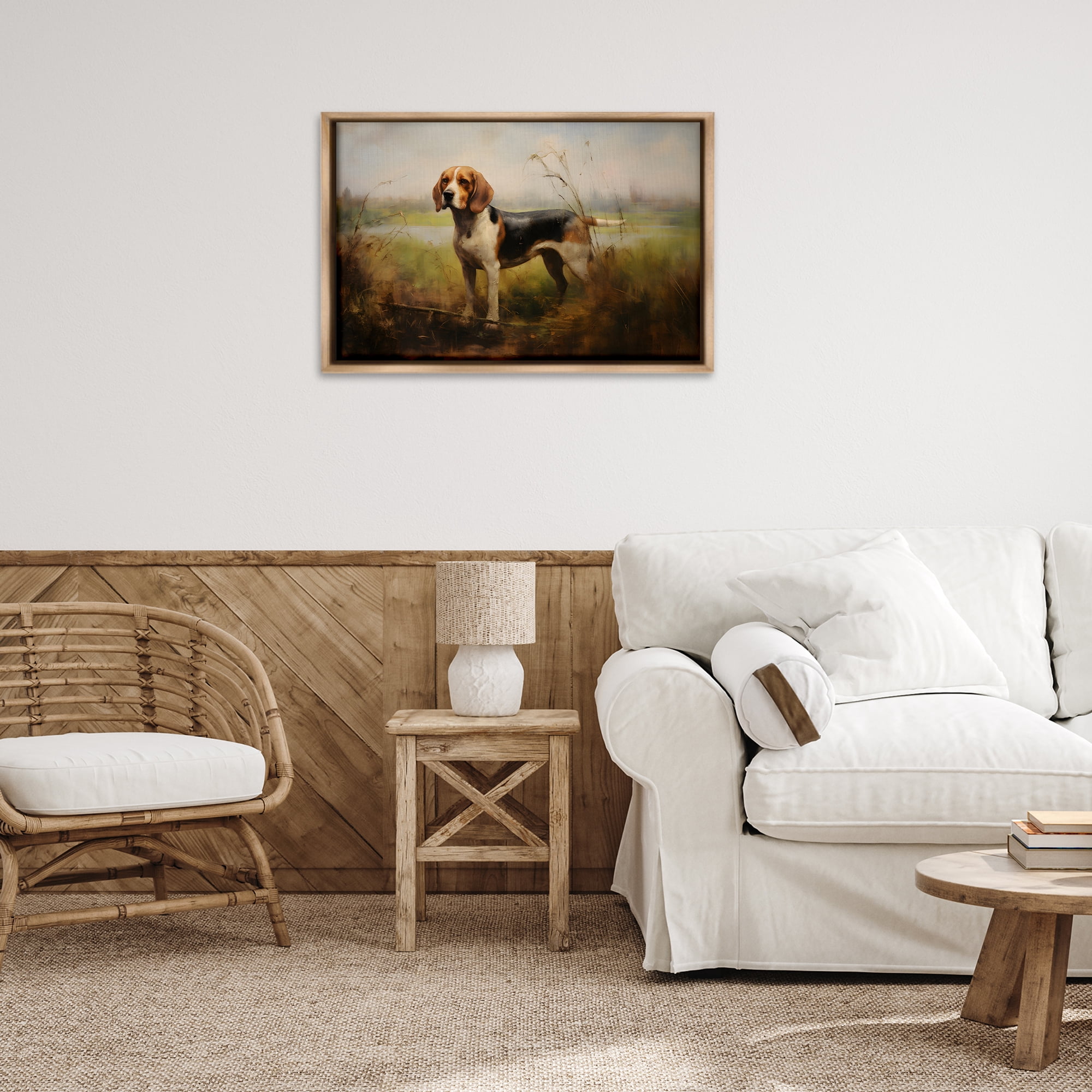 Stupell Industries Beagle Dog Rural Field Landscape Painting Brown Floater Framed Canvas Art Print Wall Art, 31 x 21
