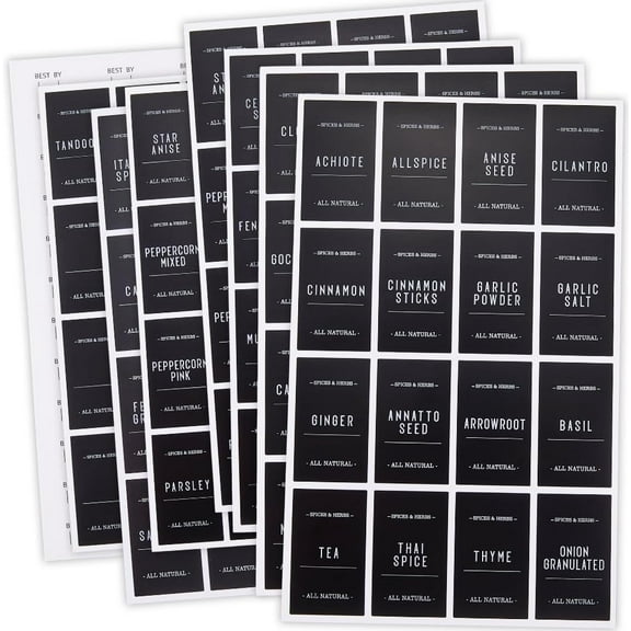 360Pcs Rectangle Spice Labels Stickers Black Spice Bottle Stickers Preprinted Waterproof Oil Resistant Home Jar DIY Blank Labels for Kitchen Pantry Laundry Bathroom Organization Supplies