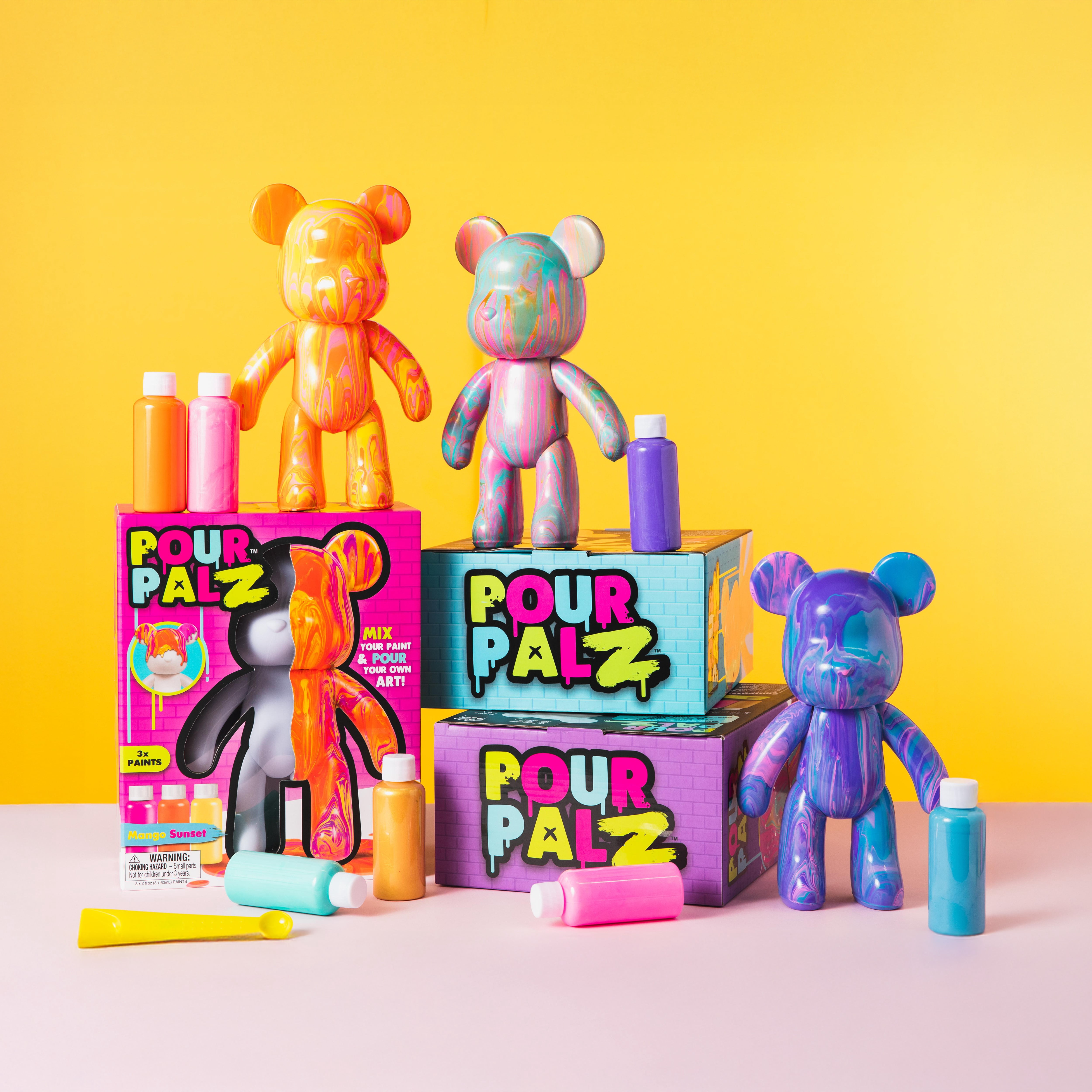 Pour Palz 9” Bear, Mango Sunset, DIY Paint & Pour Craft Kit for Kids Ages 5+