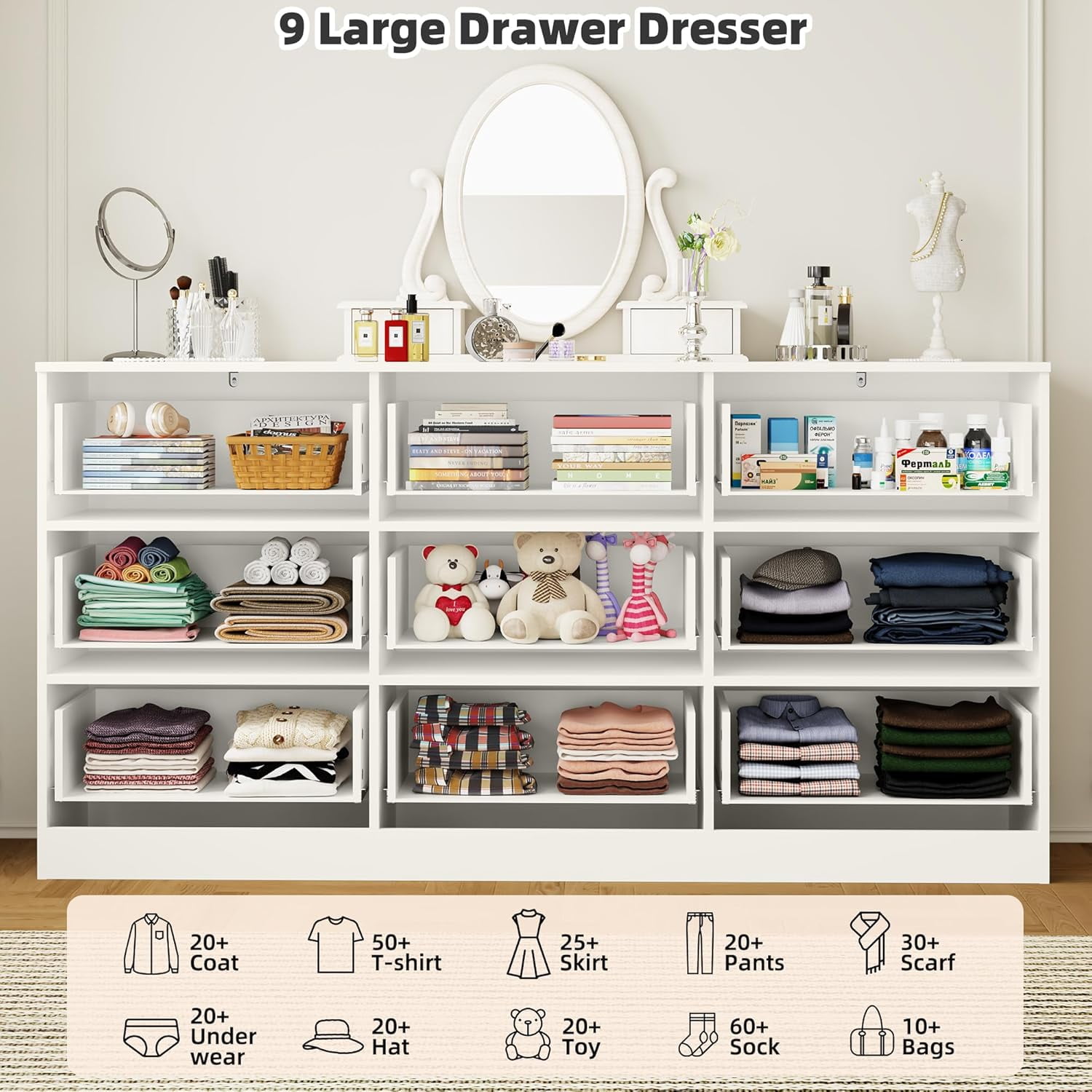 Frmobepts 9 Drawer White Dresser, Modern Storage Cabinet for Bedroom, Chest of Drawers Wood Organizer for Living Room