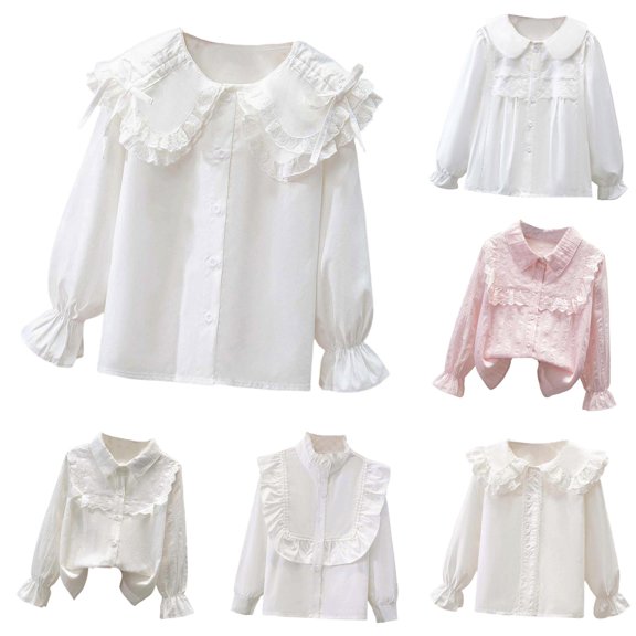 Ticikt Girls Long Sleeve Blouse, Basic Layering Matching Kids Polo Shirts, Ruffle Collar Student School Uniform Shirts