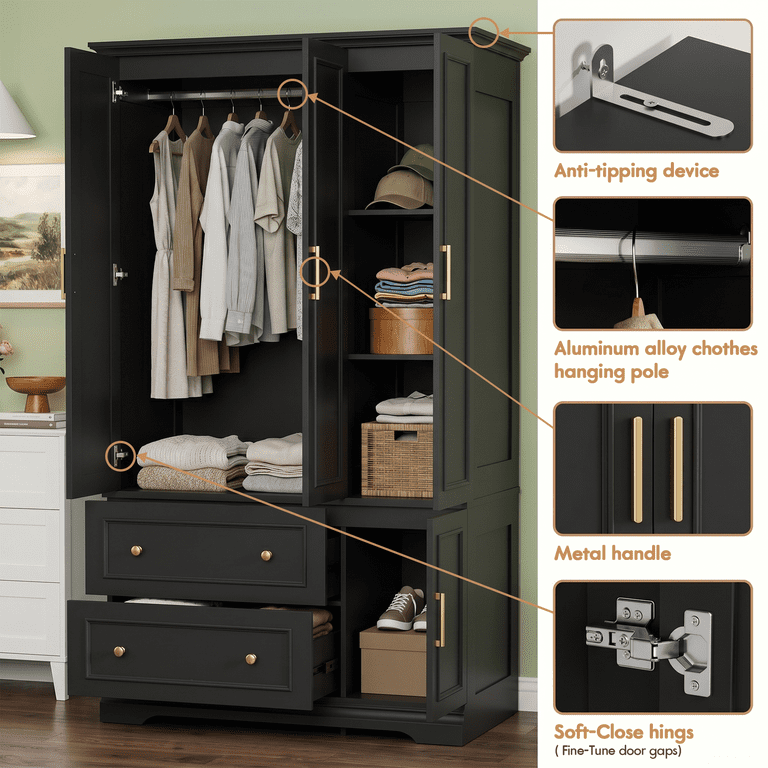 Lacoo Armoire Wardrobe with 3 Doors, 2 Drawers & Hanging Rod, Freestanding Closet Cabinet with Side Hooks for Bedroom, Black