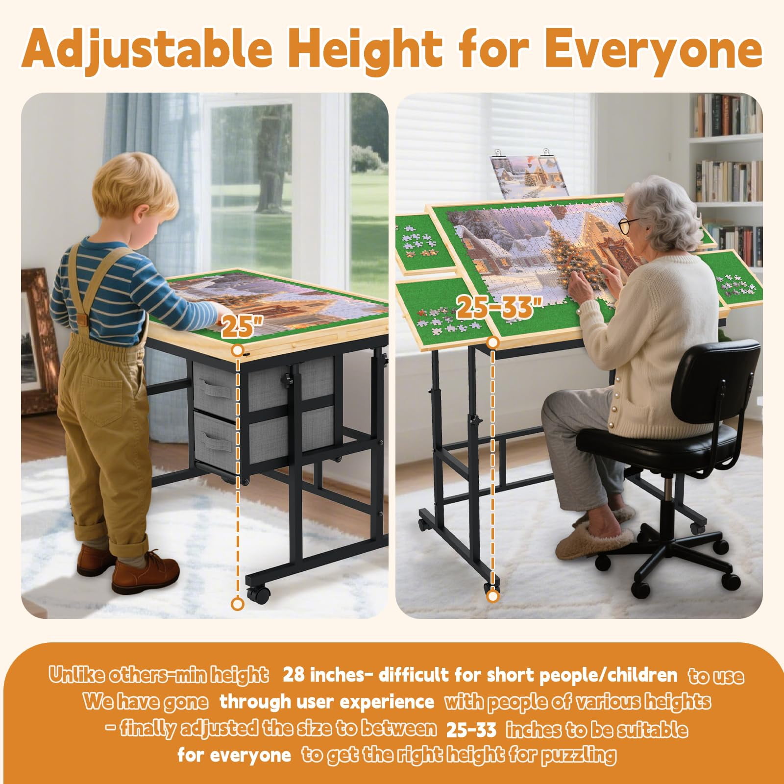 Jigsaw Puzzle Table for Adults with 6 Drawer and Legs, 1500 Pieces Puzzle Table with Protective Cover&Wheels, Adjustable Height and Five up Angles, Natural&Green