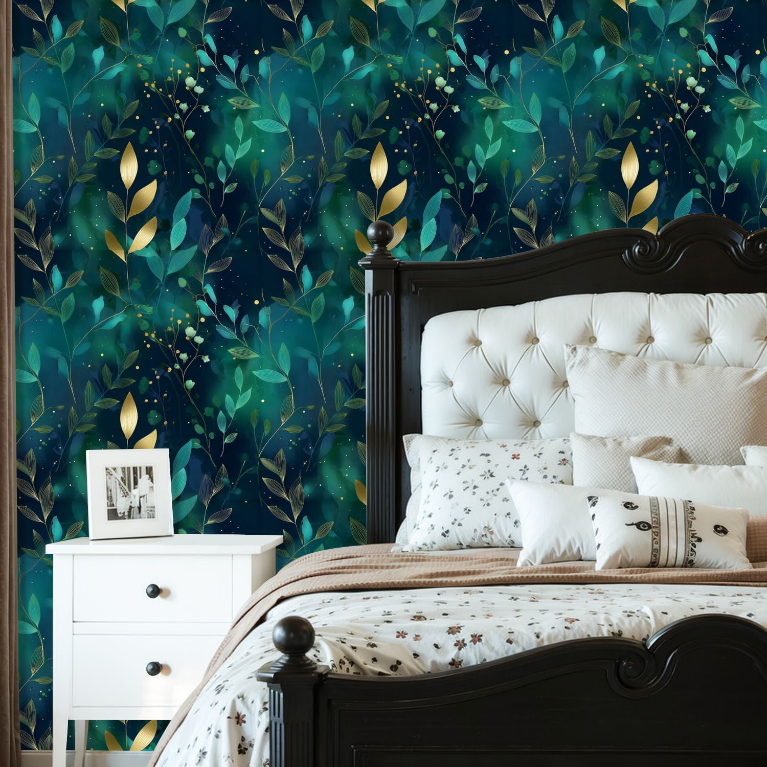 Peel and Stick Wallpaper 23.6in x 9.8ft Seamless Botanical Golden Teal Leaves Dark Green Contact Paper Vinyl Self-Adhesive Removable Wall Paper for Bedroom DIY Home Decor Renter Friendly