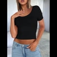thumbnail image 4 of Camisetas de Corta para Mujer, Informales, Básicas, de Verano, con Cuello Redondo, Corte Entallado, de Punto Acanalado, para Trabajo y Negocios. Negro XL, 4 of 10