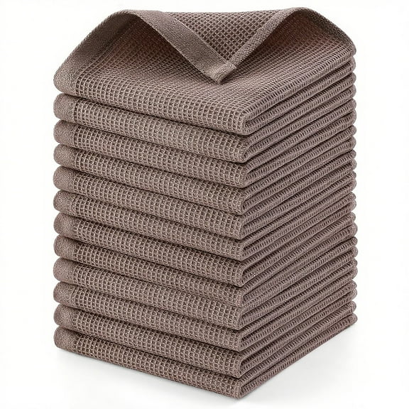 12-Pack 100% Cotton Waffle Weave Kitchen Dish Cloths, Ultra Soft Absorbent Quick Drying Dish Towels, 13.4 x 13.4 inches, Coffee