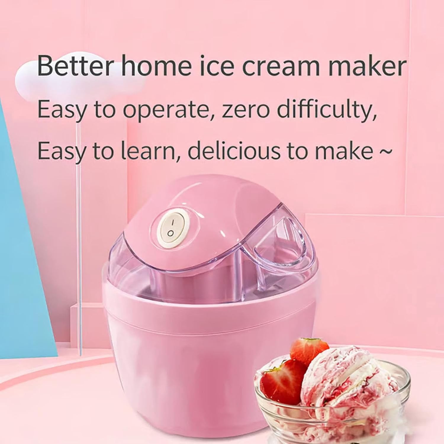 Small Home Mini Ice Cream Maker, Personal Ice Cream Maker, 17oz Electric Gelato & Sorbet Machine for Homemade Frozen Yogurt, Quick 15-Minute Automatic with One-Touch Control for Family (Pink)