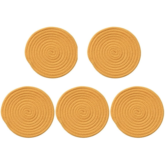 Round Coasters Set of 5, Cotton Woven Braided Hot Pads Place Mats Heat-Resistant Modern, Yellow