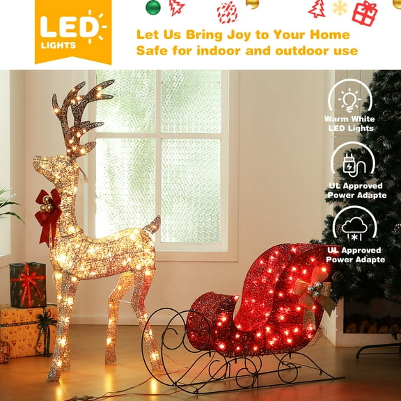 ETHFRF 2PCS Large Lighted Christmas Reindeer and Sleigh with 160 LED Lights Decor I8J0