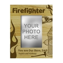 Personalized Wood Engraved Firefighter Dad Picture Frame With Kids Name -4 x 6 Inches Horizontal