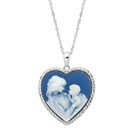 Blue Pendant Necklace (Luminesse Mother & Child Blue Inscribed Heart Cameo Pendant Necklace with Swarovski Crystals in Sterling)