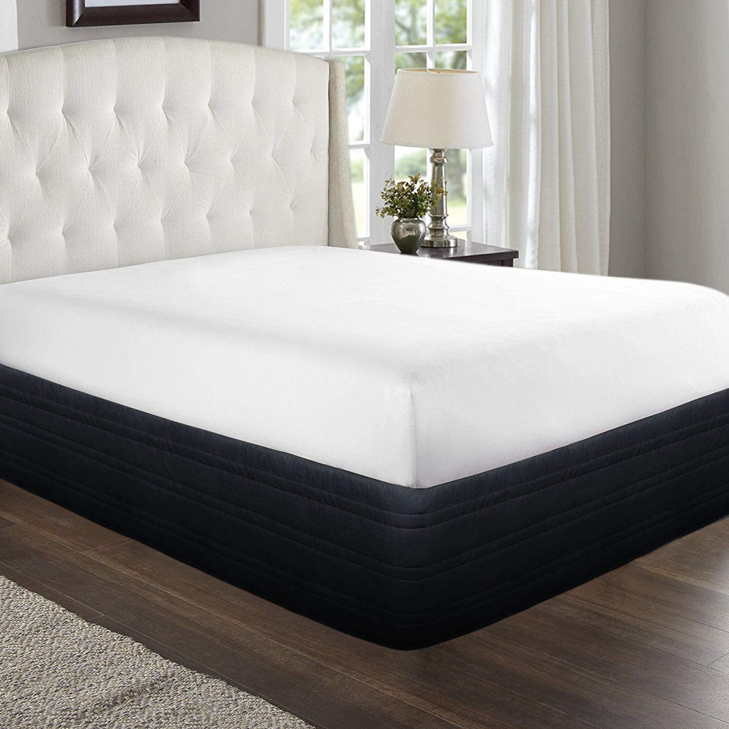 Cotton Blended Quilted Black King Bed Skirt, Ruffle 14" Drop