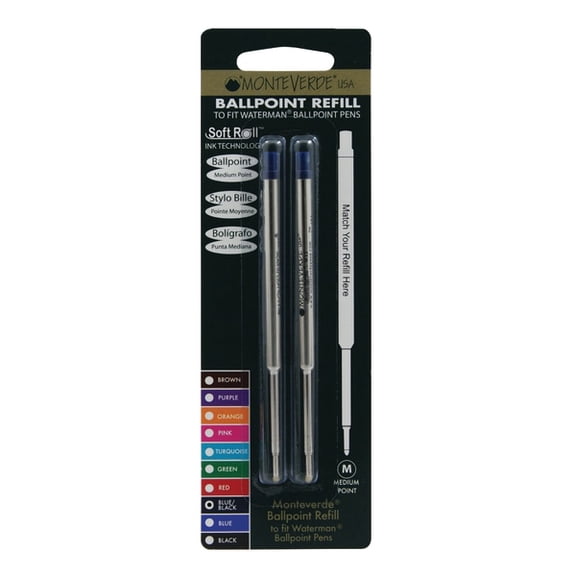 Monteverde® Ballpoint Refills For Waterman Ballpoint Pens, Medium Point, 0.7 mm, Blue/Black, Pack Of 2 Refills